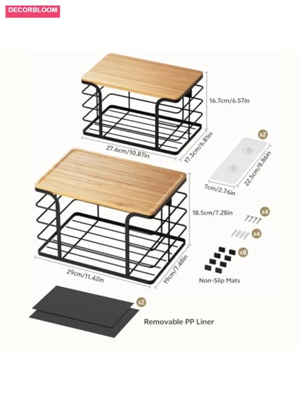 2 Pack Stackable Pantry Organizer Bamboo Stainless Steel Kitchen Storage Bin